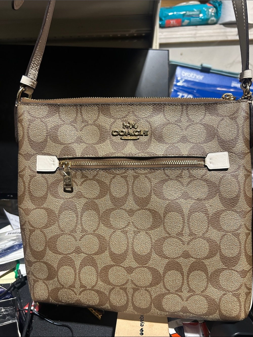 Preowned and very clean Coach Khaki/Chalk Signature Canvas Crossbody bag